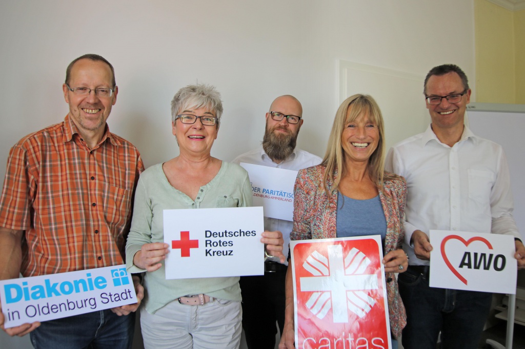 Bildunterschrift: Heinz-Herman Buse, Ute Kleßen, Sebastian Vatterodt, Juditta Hellbusch und Paul Behrens (von links) wollen die freie Wohlfahrt in der Stadt Oldenburg stärken. Foto: Diakonie